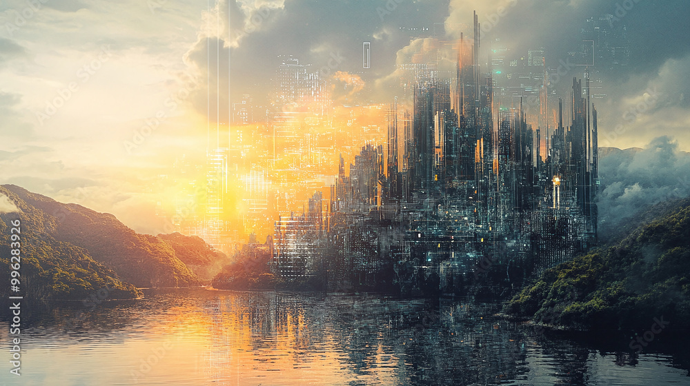 Naklejka premium A futuristic digital landscape requires predictive systems data analysis and intelligent visualization to assess and mitigate potential risks