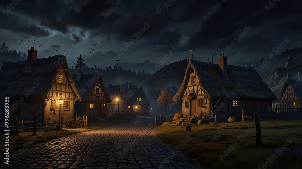Obraz premium Spooky Night Sky Over Quaint Village with Broomsticks