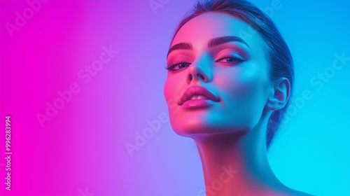 Stunning portrait of a model with vibrant lighting, showcasing beauty and elegance against a colorful backdrop.