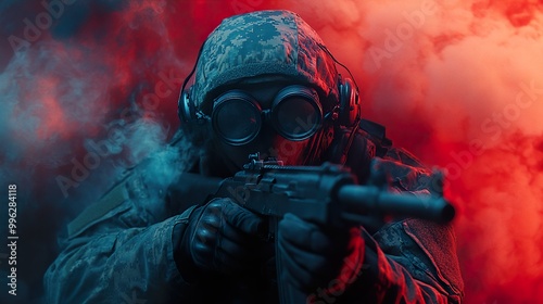 Soldier in Smoke: A Dramatic Military Image photo