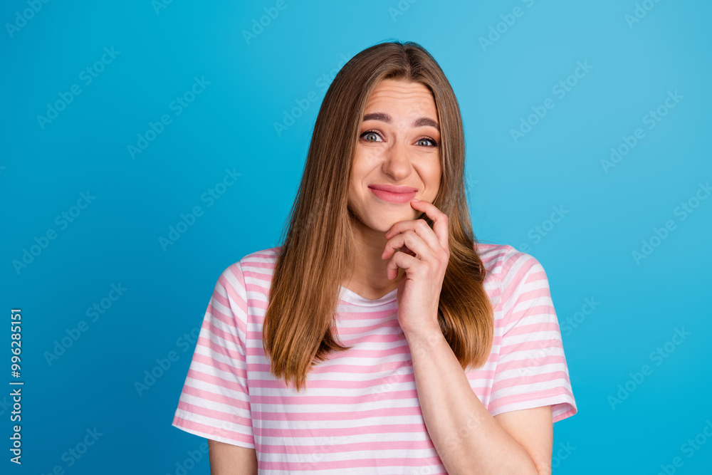 Photo of cute lovely nice woman wear trendy pink clothes oops fail isolated on blue color background Photo of cute lovely nice woman wear trendy pink clothes oops fail isolated on blue color background