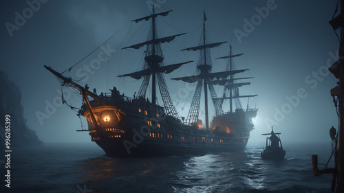 Ominous Ghost Ship Sailing Through Fog