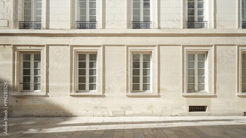 Modern Parisian building, minimalist architecture, facing a wall with windows and doors, sunny afternoon, peaceful atmosphere, no people.