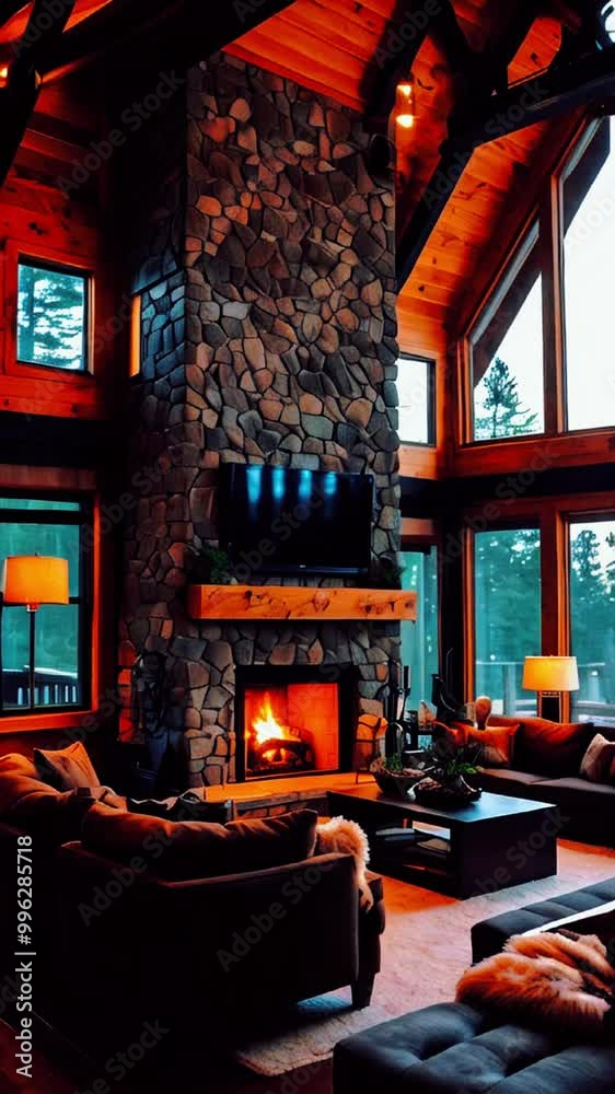 living room with a large, floor-to-ceiling window on one side log cabin. Outside is a dark The living area is furnished sofas and chairs in neutral tones, fire place burning living room with a large, floor-to-ceiling window on one side log cabin. Outside is a dark The living area is furnished sofas and chairs in neutral tones, fire place burning