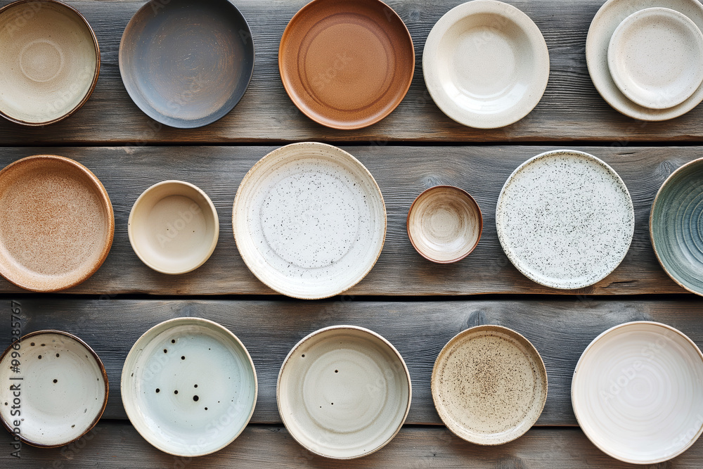 A collection of ceramic plates of various shapes and sizes laid out on a wooden surface. A collection of ceramic plates of various shapes and sizes laid out on a wooden surface.