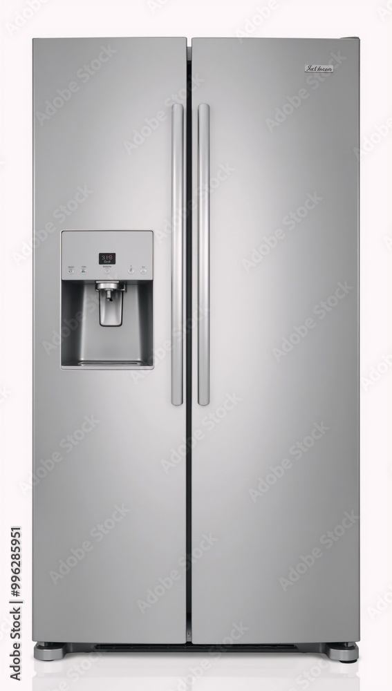 White background image showcasing a French-door refrigerator from its exterior view with an emphasis on the refrigerator alone White background image showcasing a French-door refrigerator from its exterior view with an emphasis on the refrigerator alone