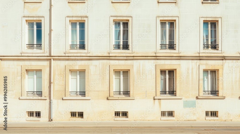 Modern Parisian building, minimalist architecture, facing a wall with windows and doors, sunny afternoon, peaceful atmosphere, no people. Modern Parisian building, minimalist architecture, facing a wall with windows and doors, sunny afternoon, peaceful atmosphere, no people.