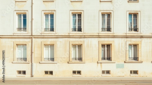 Modern Parisian building, minimalist architecture, facing a wall with windows and doors, sunny afternoon, peaceful atmosphere, no people.