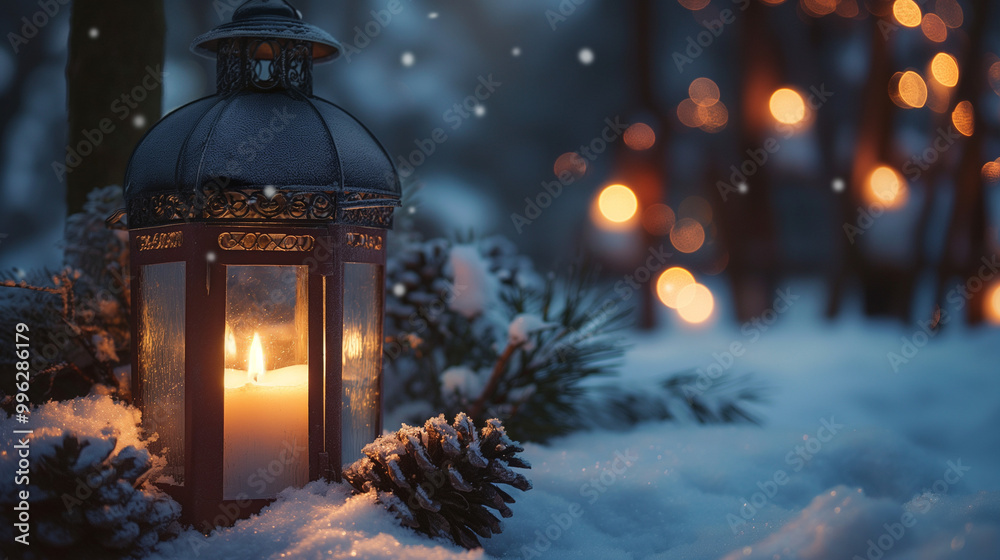 Cozy lantern illuminating the snow-covered garden, creating warmth and comfort on a Christmas evening Cozy lantern illuminating the snow-covered garden, creating warmth and comfort on a Christmas evening