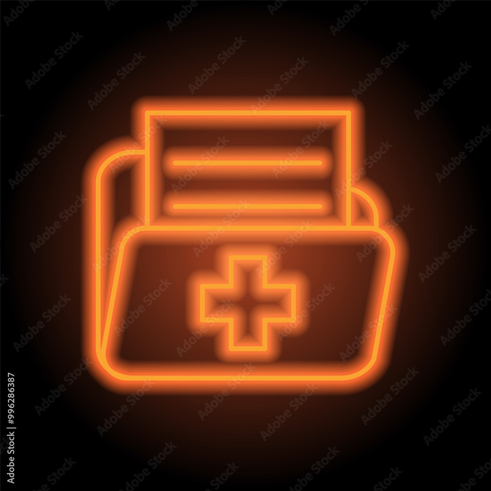 Medical history, folder simple icon vector. Flat design. Orange neon on black background Medical history, folder simple icon vector. Flat design. Orange neon on black background