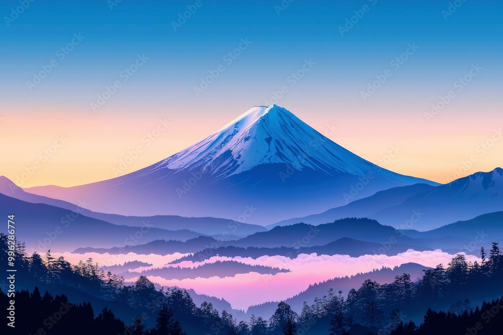 Majestic Mount Fuji with a Blanket of Clouds and Foreground Trees Majestic Mount Fuji with a Blanket of Clouds and Foreground Trees