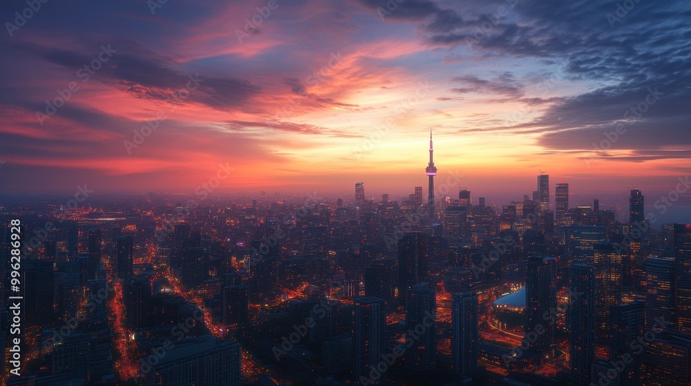 Fototapeta premium Aerial panorama of a large metropolis at twilight, with city lights starting to glow against the fading daylight.