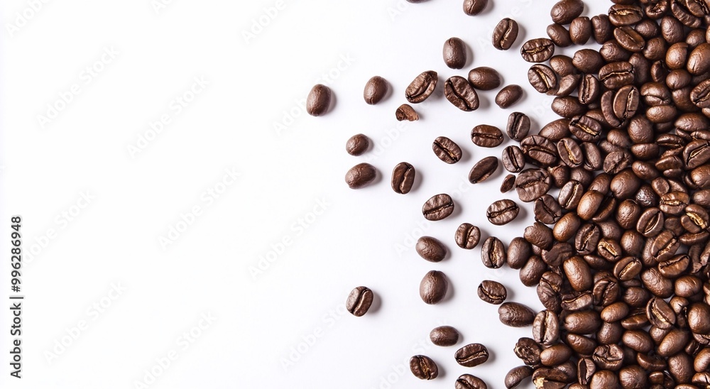 Fresh roasted organic coffee beans on white background.Top view.AI Generative. Fresh roasted organic coffee beans on white background.Top view.AI Generative.