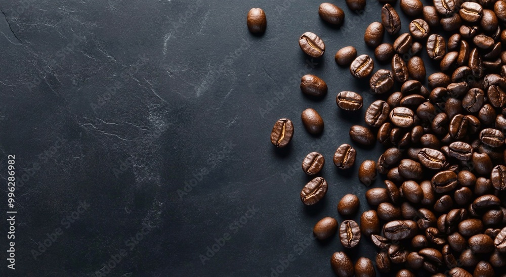 Top view of fresh roasted organic coffee beans on black background.Macro.AI Generative. Top view of fresh roasted organic coffee beans on black background.Macro.AI Generative.