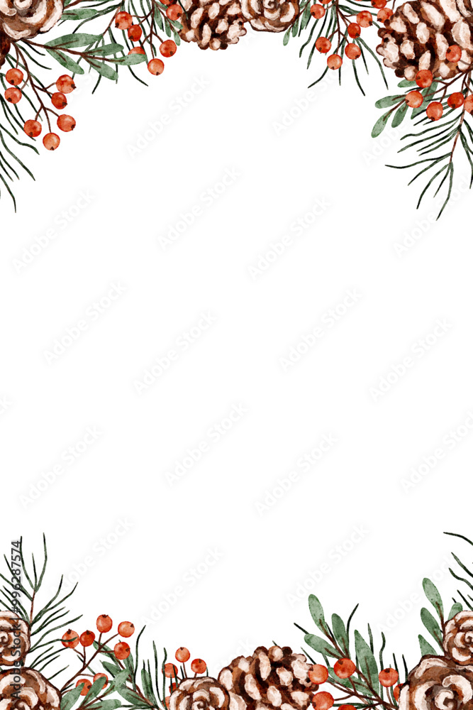 A decorative Christmas frame with pinecones, berries, and greenery, festive winter design with copy space A decorative Christmas frame with pinecones, berries, and greenery, festive winter design with copy space