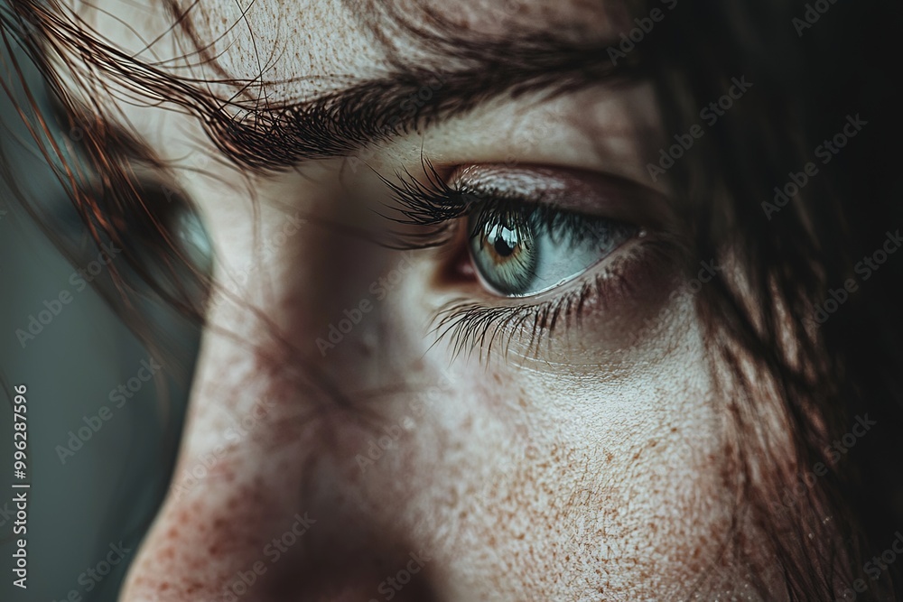 Fototapeta premium Depressed woman face closeup. Depression, self-harm, and suicidal concept. Generative Ai