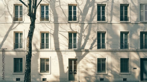 Modern Parisian building, minimalist facade, complete wall with windows and doors, sunny afternoon light, peaceful atmosphere, no people around.