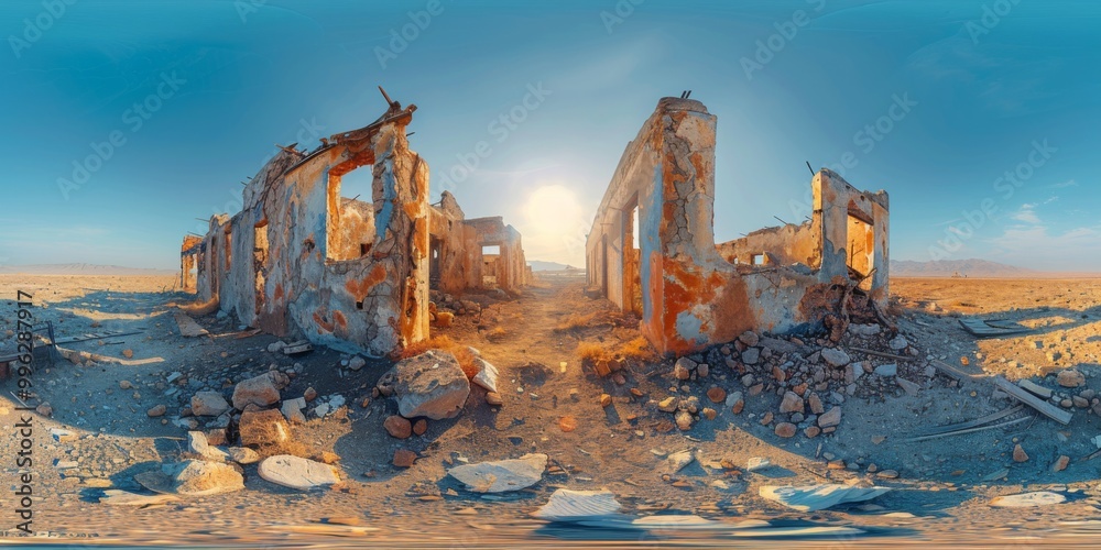 An immersive 360-degree panorama of a war-ravaged landscape, where scars of battle and remnants of war machinery serve An immersive 360-degree panorama of a war-ravaged landscape, where scars of battle and remnants of war machinery serve