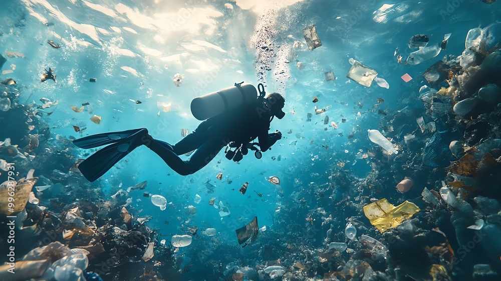 Diver swims through a sea of plastic pollution, highlighting the ...