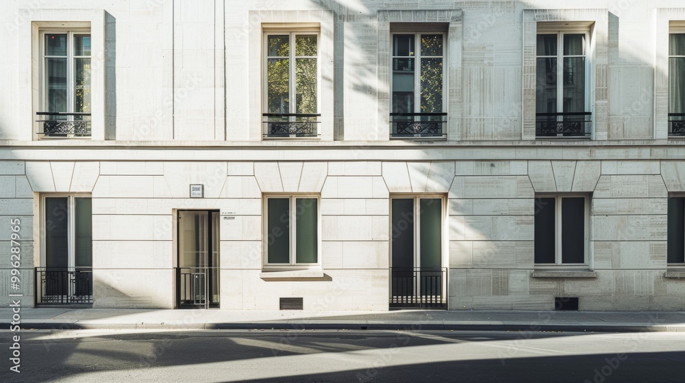 Modern Parisian building, minimalist facade, complete wall with windows and doors, sunny afternoon light, peaceful atmosphere, no people around.