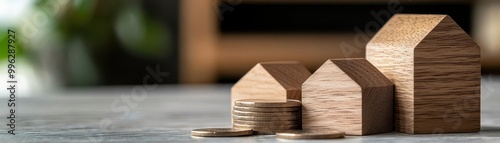 Wooden houses and coins on a table symbolize real estate investment and financial growth in the property market