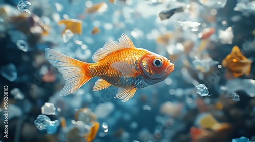 A single goldfish swims amidst a school of fish, captured in a moment of underwater tranquility.