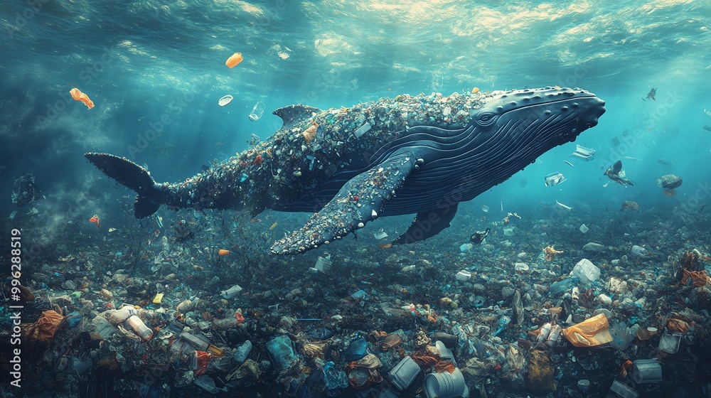 Fototapeta premium Humpback whale swimming in a sea of plastic pollution, symbolizing ocean pollution.