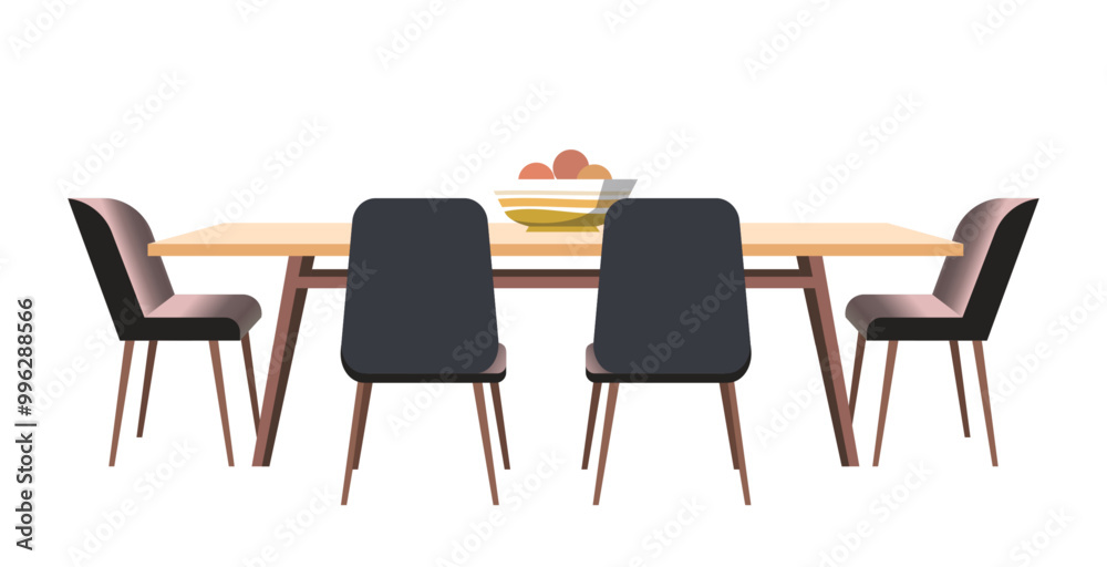 Kitchen furniture. Dining table with plate of fruit and chairs. Flat vector illustration. Not AI generated Kitchen furniture. Dining table with plate of fruit and chairs. Flat vector illustration. Not AI generated