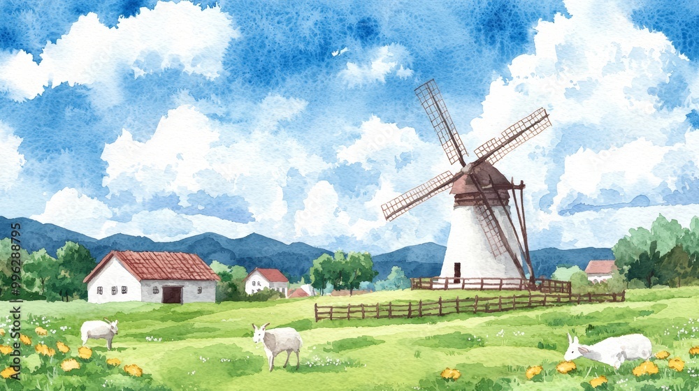 A self-sufficient eco-hamlet powered by windmills, featuring green pastures and soft rain showers. A self-sufficient eco-hamlet powered by windmills, featuring green pastures and soft rain showers.