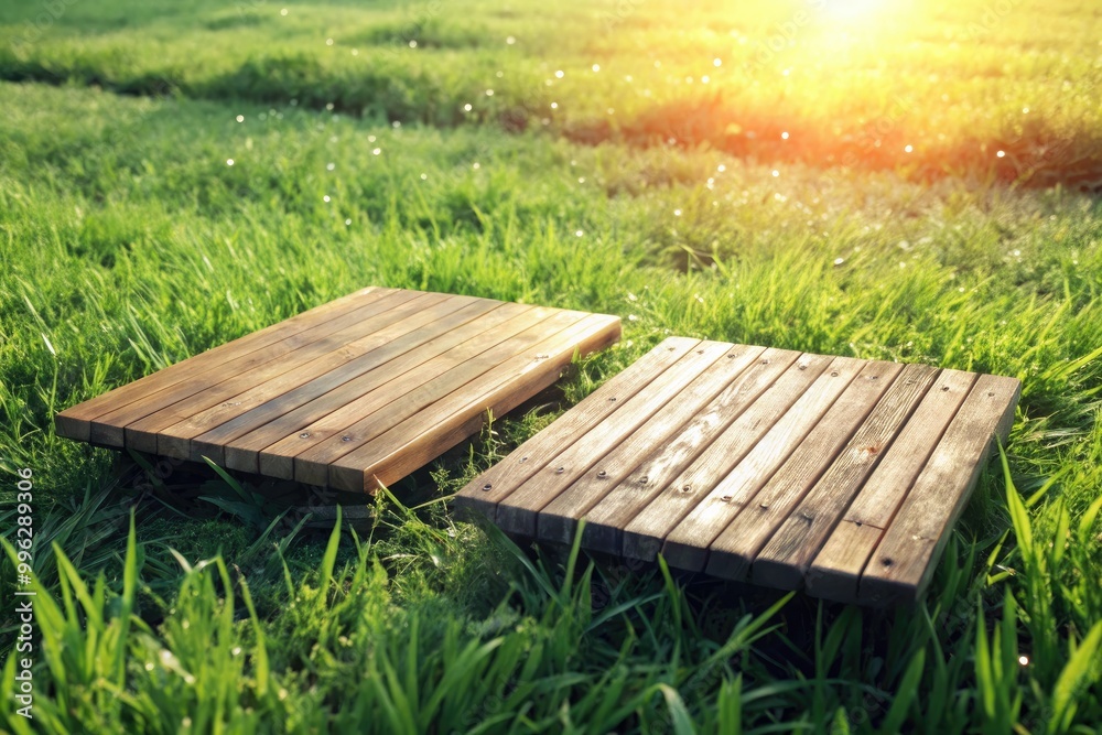 Wooden planks on a grassy field at sunrise. Wooden planks on a grassy field at sunrise.
