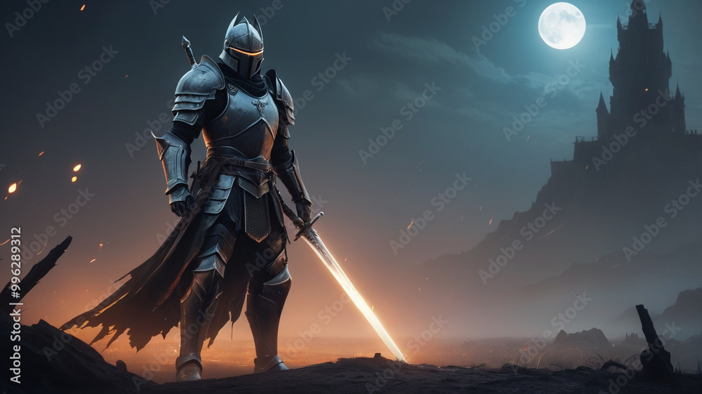 Naklejka premium Ghostly Knight with Glowing Sword at Dusk