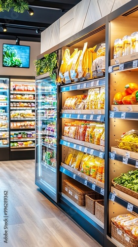 Modern Grocery Store Interior with Shelving and Products.