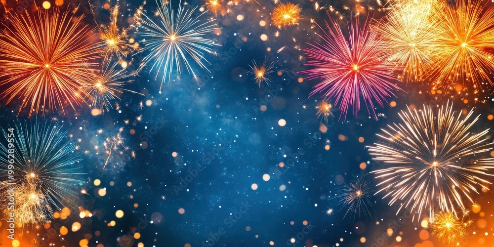 Fototapeta premium Colorful Fireworks Display on Dark Blue Sky