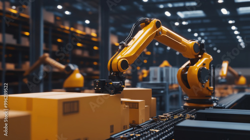 Automated packaging robots efficiently sorting and boxing products in modern warehouse. advanced technology enhances productivity and streamlines operations