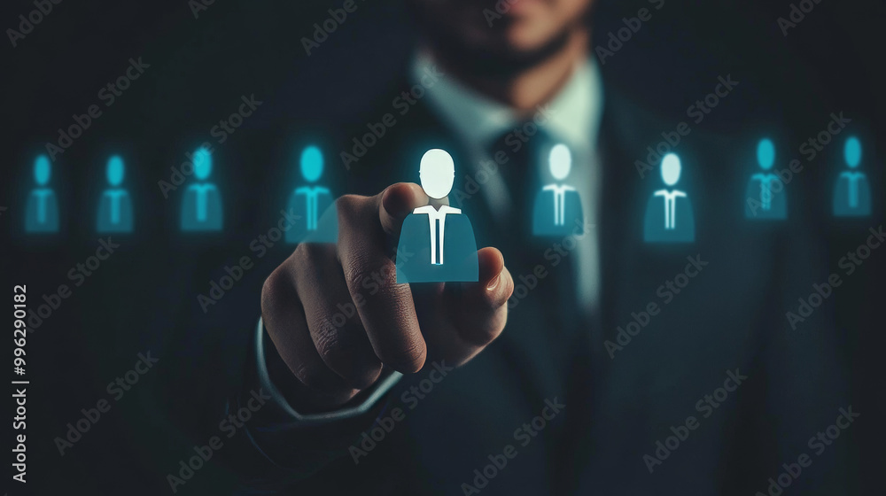 A concept illustrating HR hiring and recruitment, with a businessman pointing to a candidate on a digital screen. This symbolizes the job search process, where business leadership and technology conve