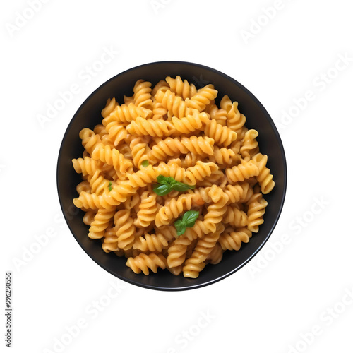 Cooked fusilli pasta in a black bowl png background