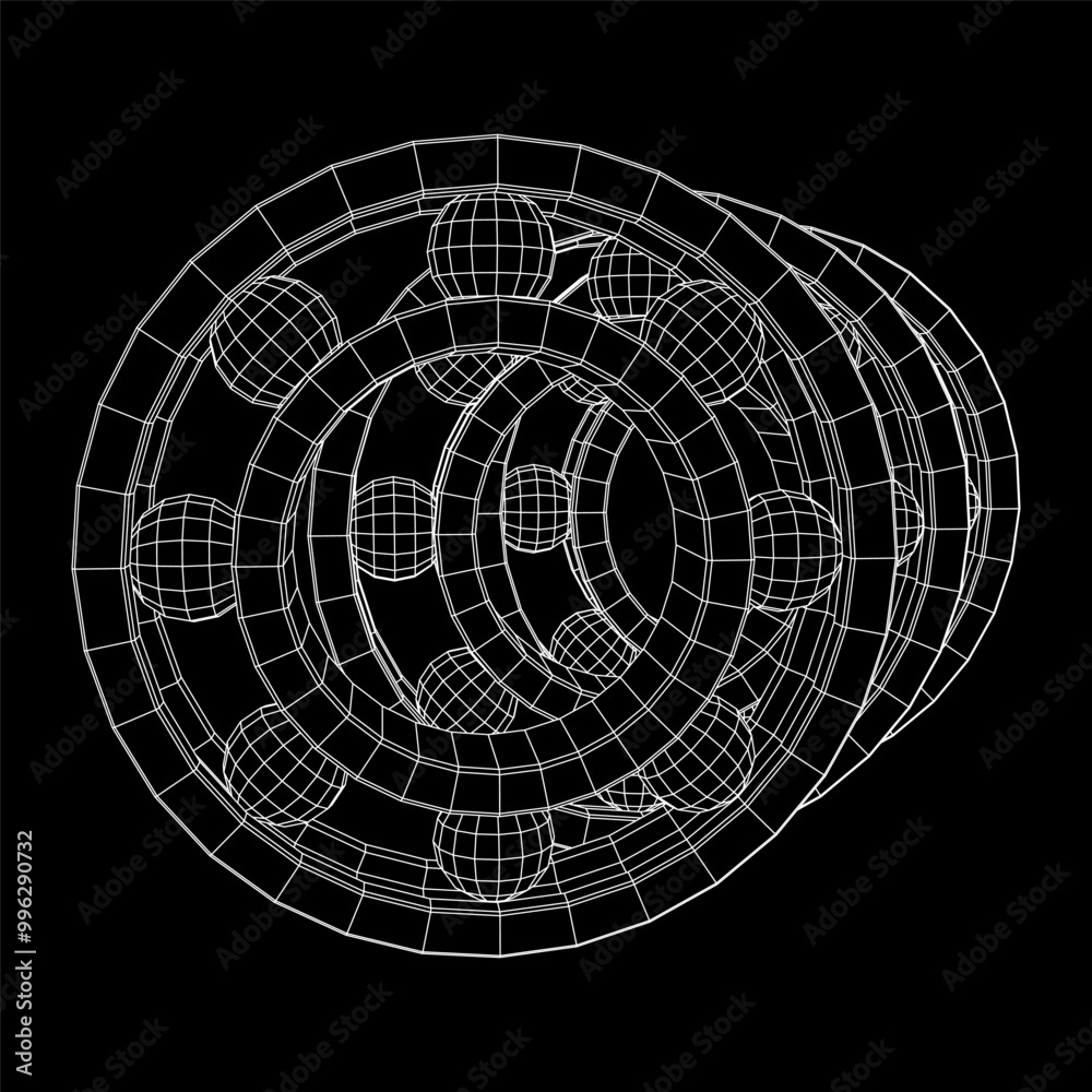 Roller bearing. Circular round rotating bearings used in industry for heavy equipment mechanical work and engineering. Wireframe low poly mesh vector illustration.