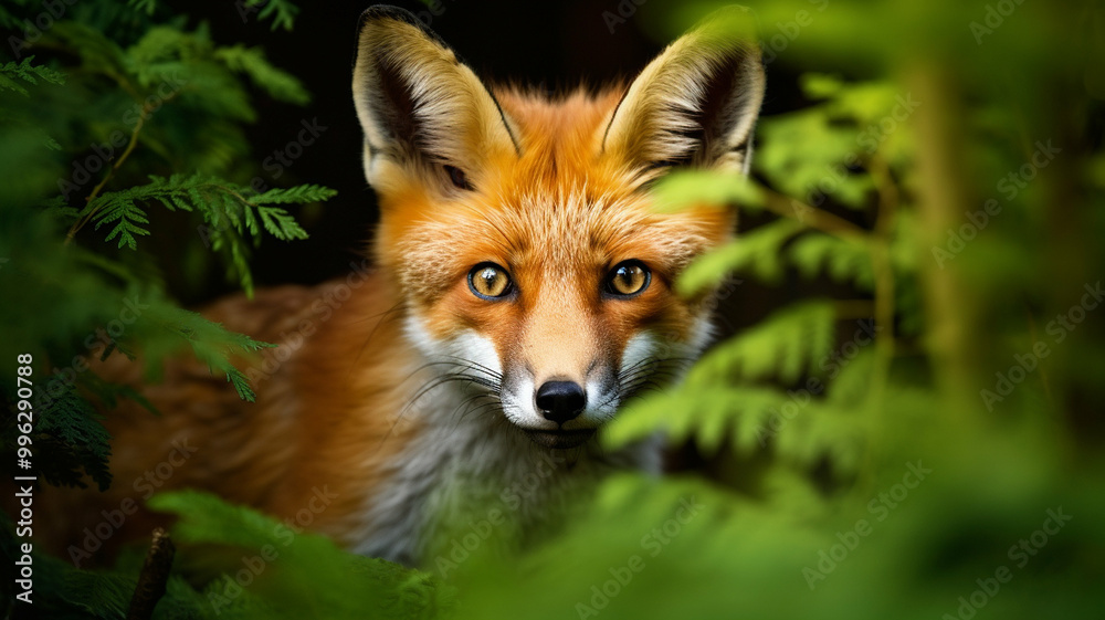 red fox peeking through lush green foliage, with its sharp golden eyes fixed intently, creating a sense of curiosity and connection with nature. red fox peeking through lush green foliage, with its sharp golden eyes fixed intently, creating a sense of curiosity and connection with nature.