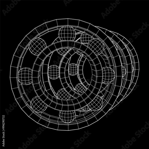 Roller bearing. Circular round rotating bearings used in industry for heavy equipment mechanical work and engineering. Wireframe low poly mesh vector illustration.