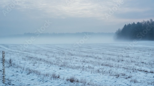 A foggy winter landscape with snow-covered fields and a distant forest barely visible through the mist