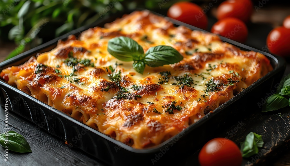 Baked lasagna with melted cheese and fresh basil in a black tray Baked lasagna with melted cheese and fresh basil in a black tray
