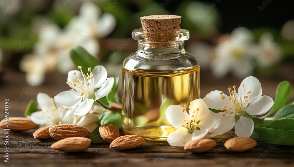 Bottle of almond oil with fresh almonds and blossoms Bottle of almond oil with fresh almonds and blossoms