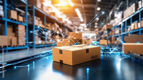 Cardboard box on a conveyor belt in a warehouse with blue light streaks.