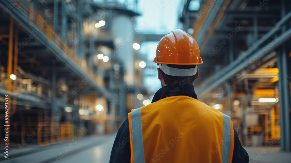 worker in safety helmet and vest stands in industrial facility, observing surroundings. environment is filled with machinery and equipment, emphasizing safety and professionalism worker in safety helmet and vest stands in industrial facility, observing surroundings. environment is filled with machinery and equipment, emphasizing safety and professionalism