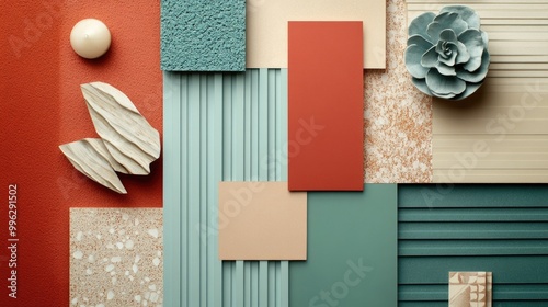 Luxury flat lay composition in terracotta red, light beige, muted teal color palette with textile and paint samples, lamella panels and tiles. Architect and interior designer moodboard. Top view. Copy photo