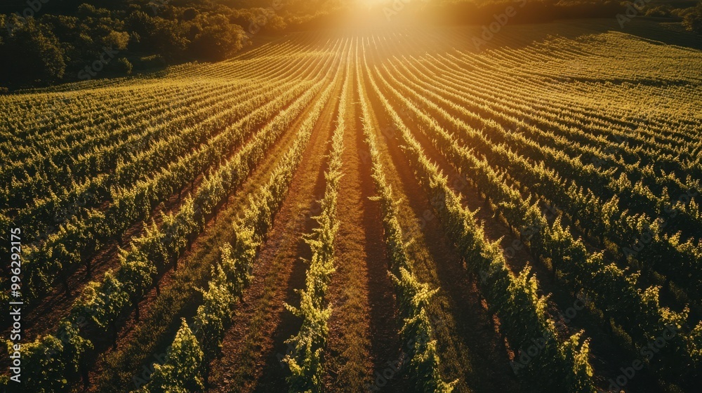 Aerial panorama of a sprawling vineyard with rows of grapevines stretching into the distance under a bright sun. Aerial panorama of a sprawling vineyard with rows of grapevines stretching into the distance under a bright sun.