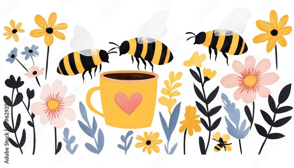 Fototapeta premium Happy bees collecting honey, featuring a honey pot with a heart, surrounded by light-hearted floral accents.