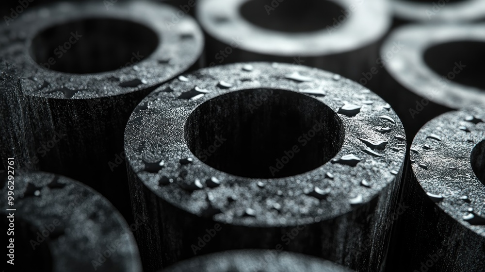 Close-up of metallic cylinders with water droplets, showcasing texture. Close-up of metallic cylinders with water droplets, showcasing texture.