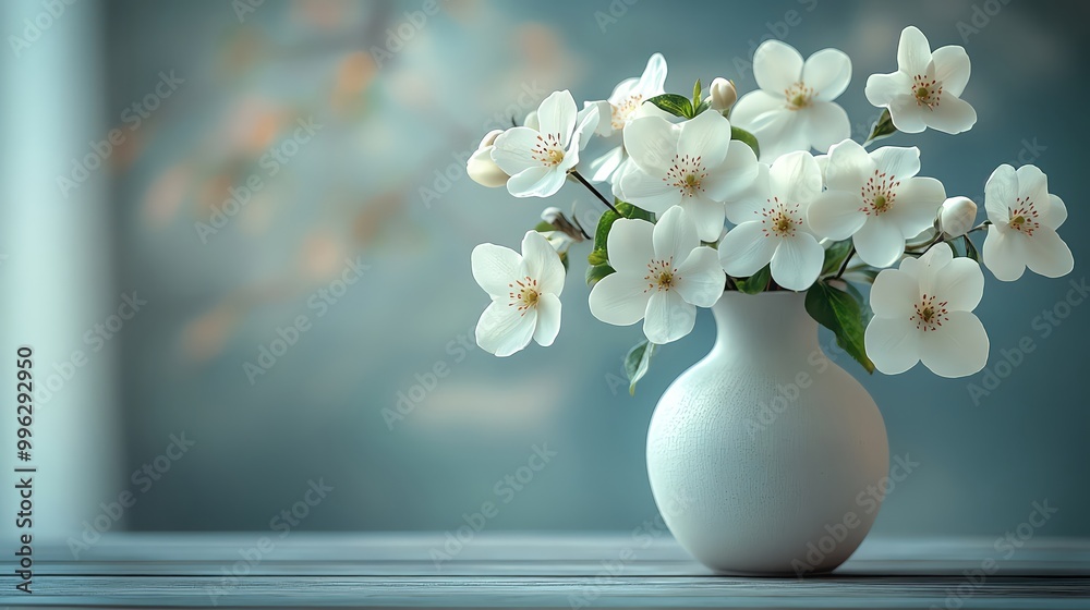 Elegant white blossoms in a minimalist vase, soft pastel tones, calm atmosphere