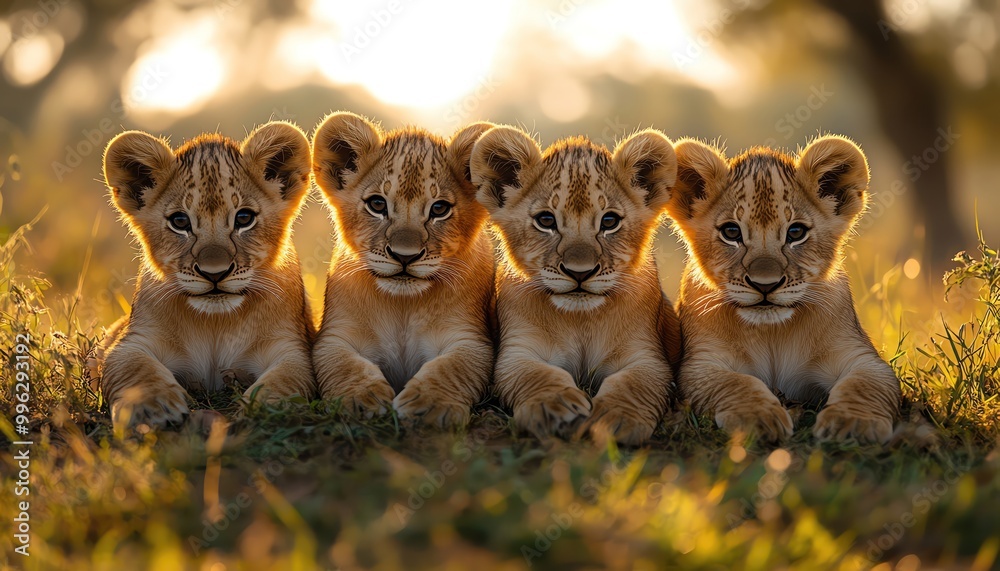 Obraz premium Four lion cubs huddled together on a grassy savanna, bathed in soft, morning light